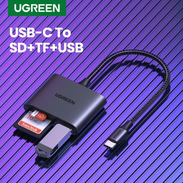Leitores Ugreen Card Reader Tipo C To USB SD Micro SD TF Card Reader para Acessórios para Laptop para iPad Adaptador de memória Usbc Card Reader