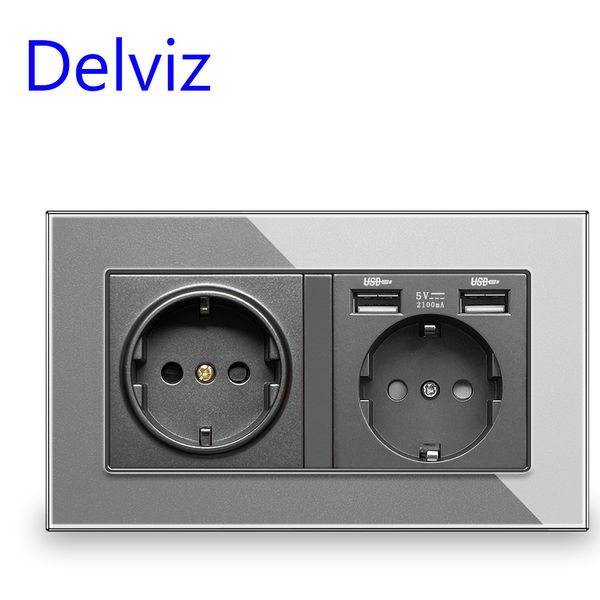 Delviz UE STANDARD USB SOCKET, 5V 2A Hole de carregamento USB de qualidade, painel de vidro de cristal cinza, 110 ~ 250V 16A Power Wall Double Outlet