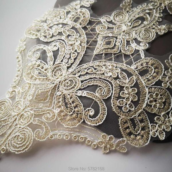 2pcs/20x36,5 cm paillettes chiari Appliques in pizzo dorato Golding Flower Cuciture Trime Decorazione del matrimonio