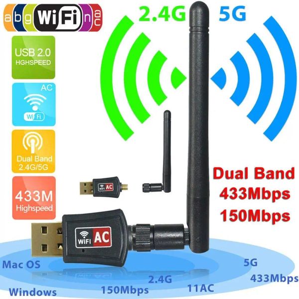 Карты 600 Мбит/с 5 ГГц 2,4 ГГц USB Wi -Fi Adapter USB Dual -полоса RTL8811AU Wi -Fi Antenna Dongle Adapter для Windows Mac Desktop/ноутбук/ПК