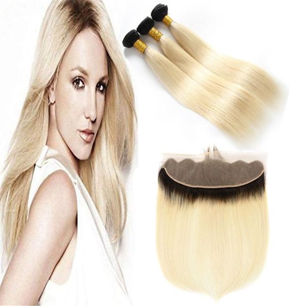 Dark Root Ombre 1B 613 Blonde Zwei -Ton -Schussbündel mit vollen Frontalen Honig Blonde Ombre Haare mit frontalem CLO7825121