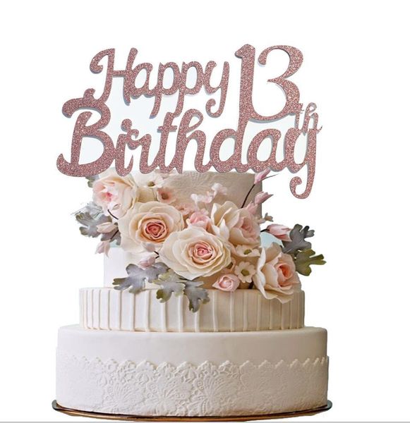 5pcs glitter rosa dourado feliz aniversário papel bolo topper 13 18 21 bolo de aniversário topper para crianças decorações de bolo de festa de aniversário