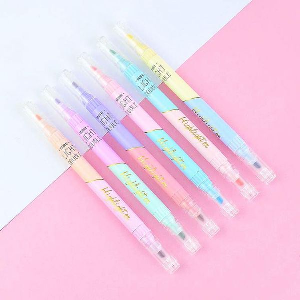 6pcs nützliche Highlighters Anti-Fade Smooth Writing Stationäre Doppelspitze Dual-Farbkunst-Marker Pen