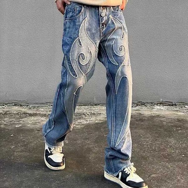 Дизайнерская мужская американская уличная ретро -ретро -вышивка вымыла грудные джинсы Мужчины и женщины модные улицы High Street Straight Lake Men and Women Rad Bloys.