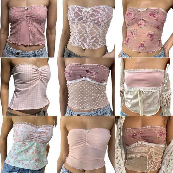 Tanques femininos Camis Maemukilabe Coquette fofo Pink Bandeau Top Fairycore Y2K Lace decoração Top sem alças Top 90s Retro Backless Camis J240409