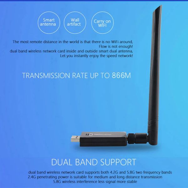 Карты двойной полосы 1200 Мбит / с USB RTL8812AU Wireless AC1200 WLAN USB Wi -Fi LAN Dongle 802.11ac с антенной для рабочего стола для ноутбука