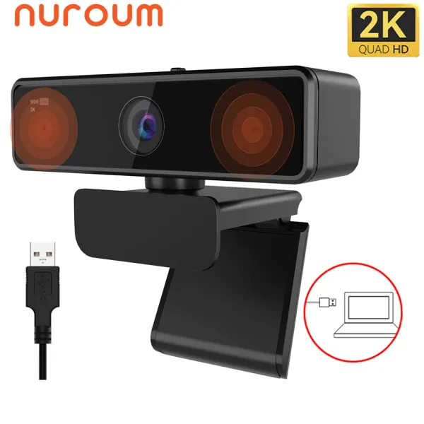 Webcams Nuroum V11 2K Webcam für PC, Lärmstündungsmikrofon -Datenschutzabdeckung, 90 ° Winkel 1080p 60fps, USB -Computer -Webkamera für Laptop