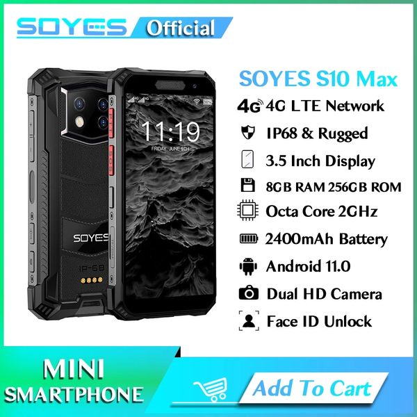 Soyes S10 Maxo Mini Mini Rugged Smartphone Android 11 Octa Core 8 ГБ ОЗУ 258 ГБ ПЗУ водонепроницаемый IP68 Идентификатор отпечатка отпечатка IP68 разблокировать мобильный телефон PTT PTT