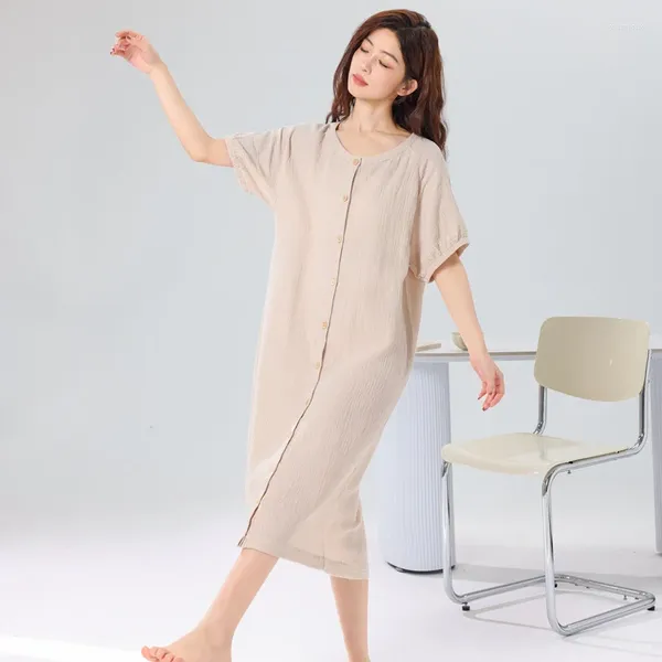 Cardigan de roupas de sono feminino Cardigan camisola japonesa Crepe algodão minimalista de pijama Lady Lady Sleeves curtos Nightdress