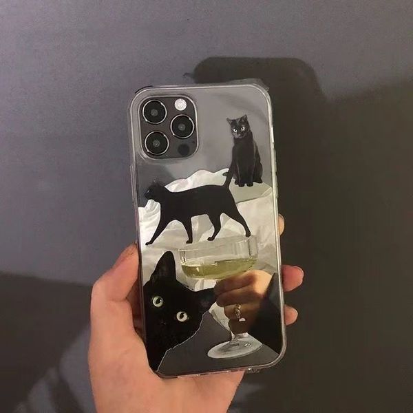 Caso tpu de vinho de gato preto engraçado para iPhone 15 14 13 Pro Max Back Top Teleping para 12 mini 11 Pro Max X XS XR 8 7 Plus SE 2020 CAPA