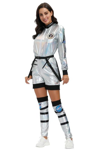 Frauen Astronaut Overall Kostüm Erwachsene Silber Alien -Raumleute Piloten Outfits
