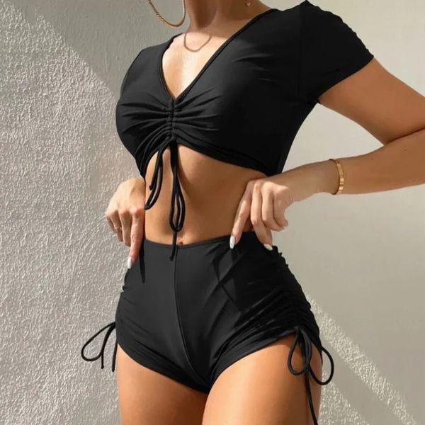 Black Draw String Swimwear Bikinis Set Mujer 2024 Crop Top Shorts Badeanzug Frauen sexy Badeanzug Strandwege Bikini Bikini Schwimmen 240412