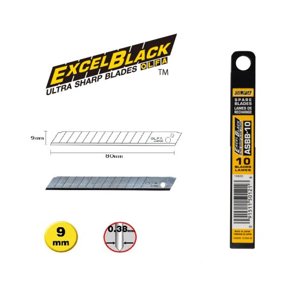 OLFA ASBB-10 запасные лопасти Excel Black 10pcs 9 мм острый замененный лезвие для LTD-04 A2 SVR-1 Нож-нож для ножа