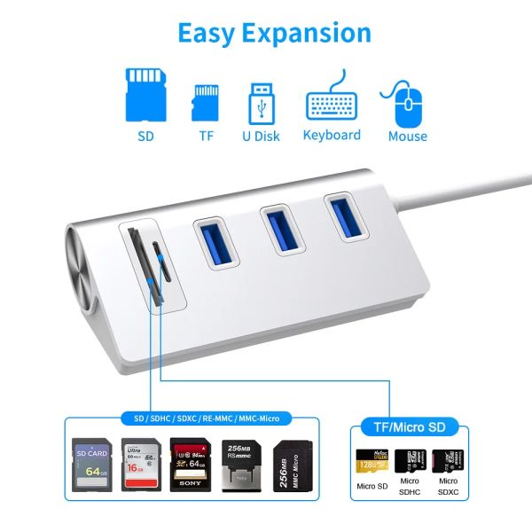 Hubs OTG Aluminium 5 em 1 USB 3.0 Memória do hub TF/SD Card Reader Usb Port Hub Dock Station para laptops Notebook