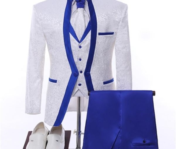 Weiß Royal Blue Rim Bühnenkleidung für Männer Anzug Set Herren Hochzeitsanzüge Kostüm Groom Smoking Formal Jackelpantsvesttie C10071861152