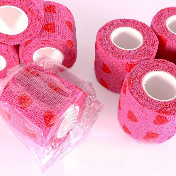24126 Rolls Tape Tattoo Griff Bandage Antislip Red Pink Heart Printed Elastic Selfadhesive Wrap Grip Cover 240408