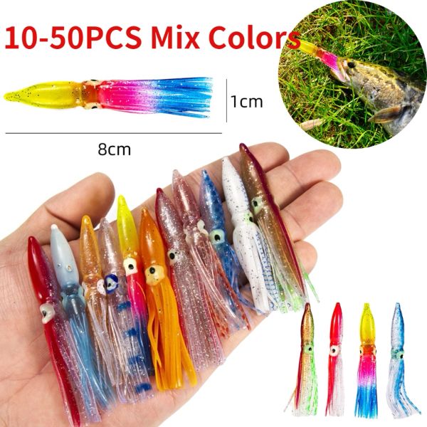 10-50pcs weiche Köder Tintenfischröcke 8cm Gummi Künstliche Köder Köder Oktopus Wobbler Thunfisch Kingfish Segelfisch Marlin Köder