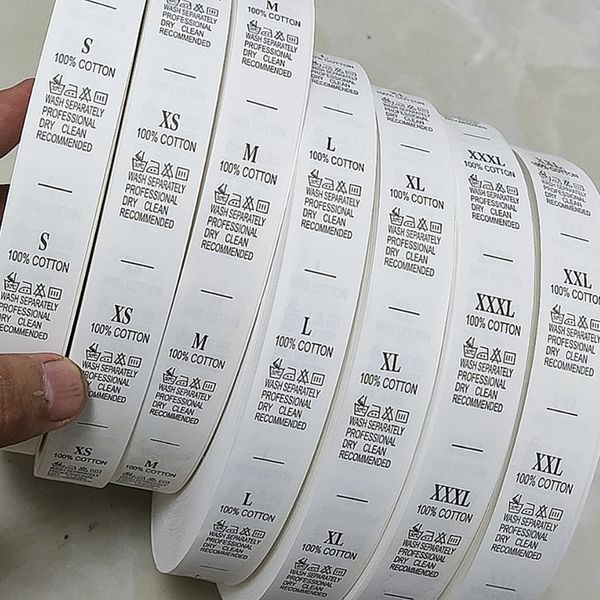 White Care Label Print Tags 100pcs Aktienverkauf beschichtete Klebeband XS S M L xl xxl xxxl 100%Baumwollgrößen Waschen Etiketten