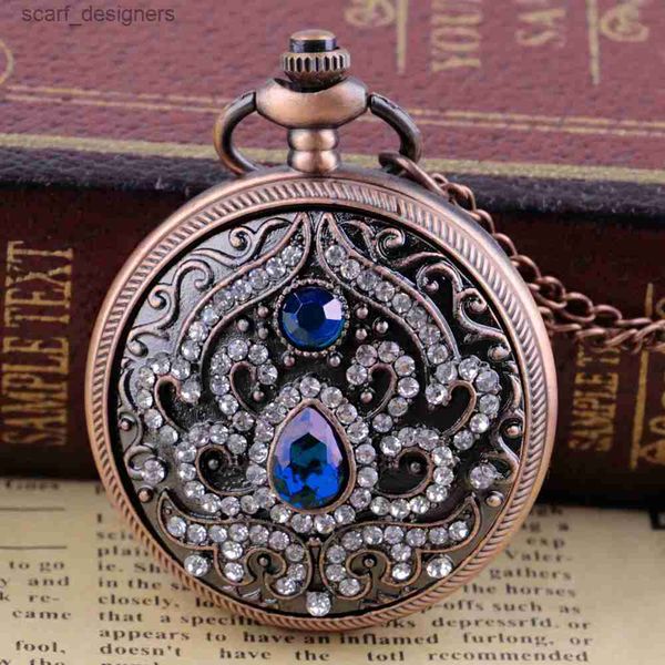 Pocket Watches Ladies Luxury Fashion Pocket Blue Multi-Diamond British Pocket Pinging com Chain Gifts for Women Y240410