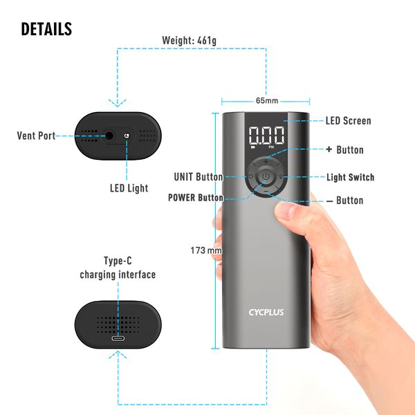 Cycplus A8 Pompa per biciclette portatile Pompa per pneumatici Bike Compressore elettrico Batteria ricaricabile ad alta pressione per sfere per auto