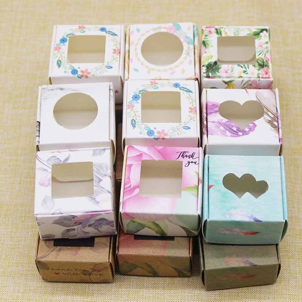 Box pacchetto di regali fatti a mano con finestra 4*4*2,5 cm white/kraft marmorizzazione mobile fiore sapone bomboniere