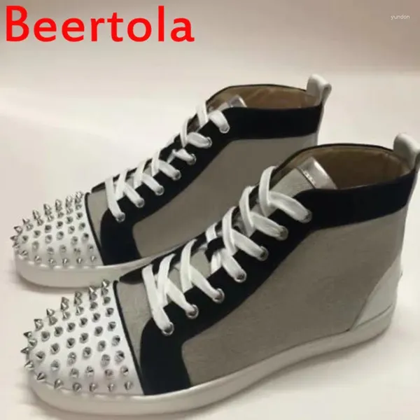 Gelegenheitsschuhe Marke Beertola Stoff Leder -Laibers High Top Männer Spikes Flats Sohle gemischte Farbe Sneaker Freizeit große Größe