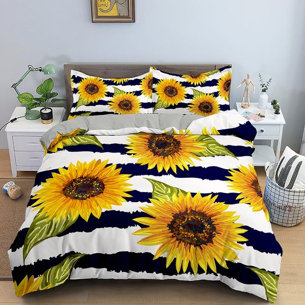 3d Girassol rei rainha Tampa de edredão amarelo Flores amarelas Conjunto de roupas de cama Verde Folhas Verdes Tampa do edredom 2/3pcs Cobertão de quilt