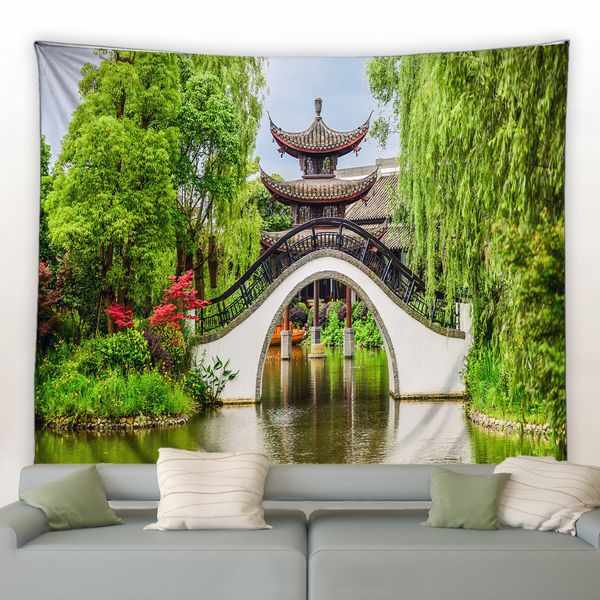 Paisagem de jardim chinesa Tapestria de primavera verde de bambu arco ponte cenário natural parede pendurada em casa sala de estar decoração de decoração tapete