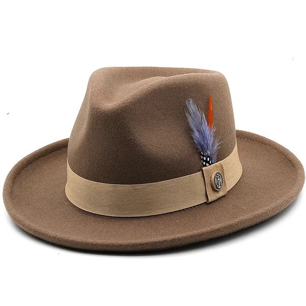 Feather Band Wolle Filz Jazz Fedora Hut Frauen Unisex Wide Brim Panama Party Trilby Cowboy Cap Männer Gentleman Hochzeit 240410