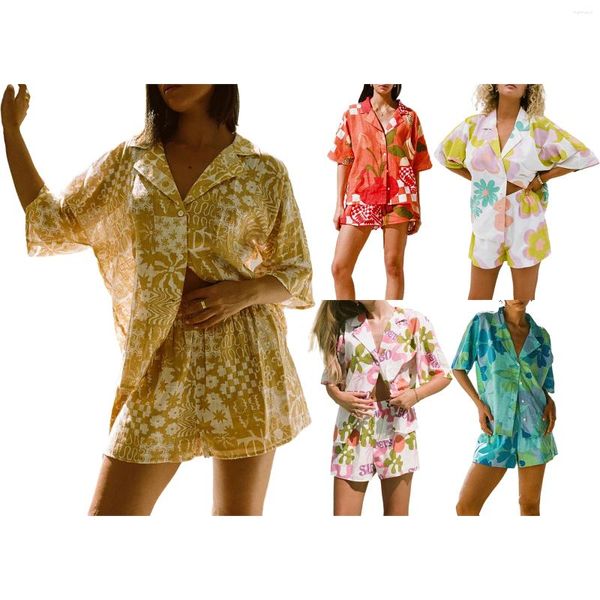 Kadınların Trailtsits 2024 Kadın Günlük Şort Seti Çiçek Baskı Kısa Kollu Gömlek Elastik Bel Yaz Kıyafeti