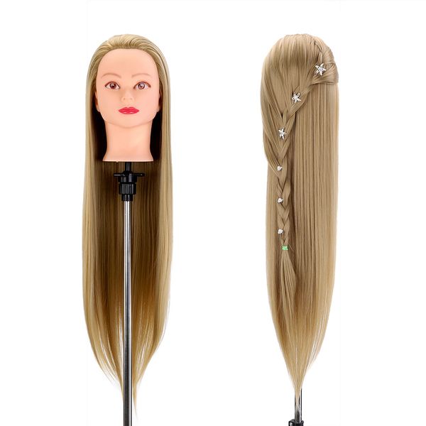 Cabeça de manequim de 30 polegadas com cabelo de cabelo de alta temperatura de cabelos sintéticos bonecas de cabelos de cabelos de cabelo penteados de cabeceira da cabeça