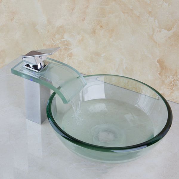 Monite redonda pintura de banheiro arte lavatório de lavagem temperada pia de vidro transparente com torneira de led de latão de vidro em cascata Conjunto