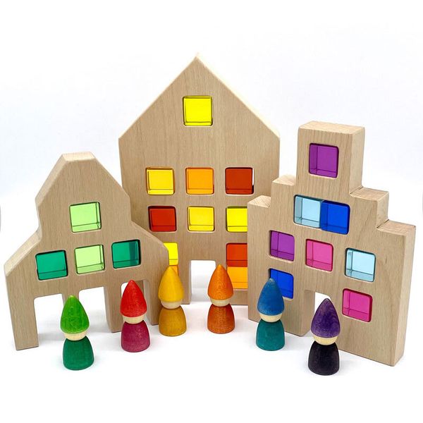 Großes niederländisches Holzhaus mit Lucite Cube Acrylbaumgebäude Geburtstagsgeschenk Montessori Bildungsholzspielzeug für Kinder