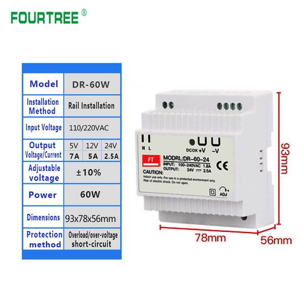 DR-15W 30W 45W 60W Din Switching Alimentatore Uscita singola Uscita singola 5V 12V 24 V CA CC Converter Interruttore di alimentazione Ingresso 110/240VAC