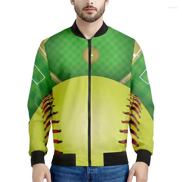 Jackets masculinos de bola de softball estampada 3D Zipper para homens esportes ao ar livre Casa casual jaqueta de bombardeiro de manga comprida