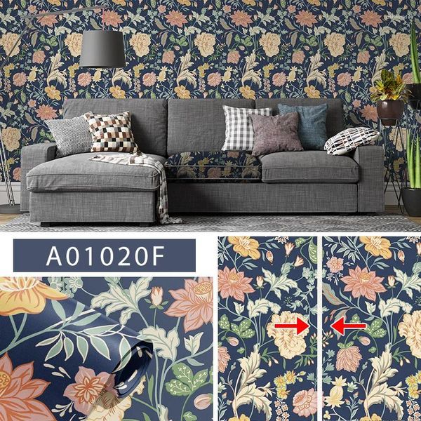 Wallpaper elegante Designs wasserdichtes Tapete Vintage selbstklebende Schale und Stick Blumenaufkleber Blaues Zimmerdekoration