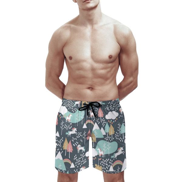 Unicorn Love Men's Swim Trunks Sports Shorts Praotes Pacões de surf e malha de unicórnio Floresta da floresta