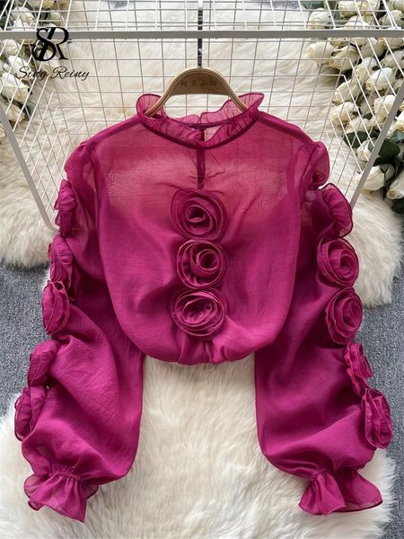 Tekerin yüksek kaliteli organze kadın bluz fırfırlar boyun uzun kollu gevşek tatlı üst Kore tarzı 3D çiçek şefi gömlek 240408