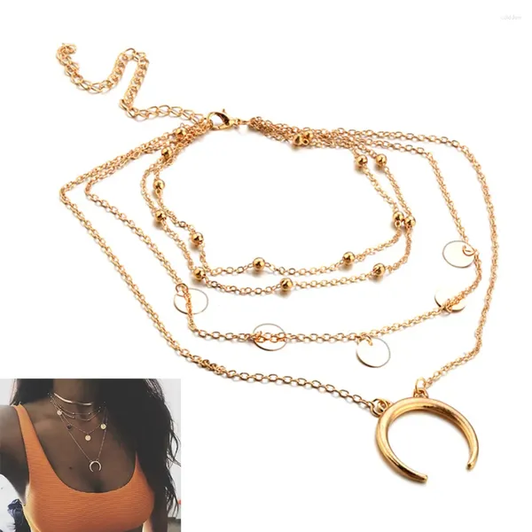 Anhänger Halsketten All-Match Stylische Neuheit Wafer Mond Design Drop Halskette Schmuck Multi-Layer-Kostüm für Frauen (golden)