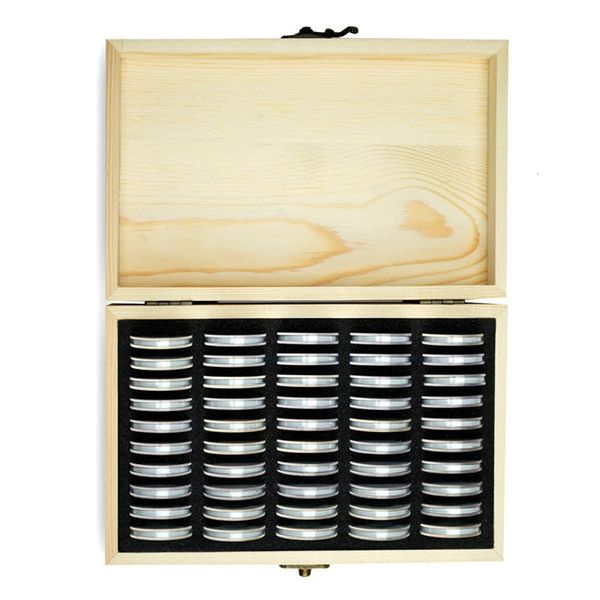 50pcs Münzhalter -Hülle mit hölzernen Aufbewahrungsbox Rundkapseln für den Gedenkdisplay -Organizer 240327