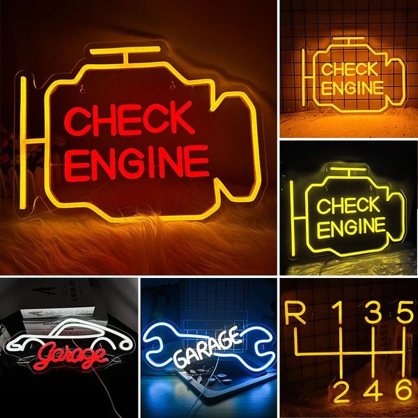 Überprüfen Sie den Motor Neon Schild LED LEG LACK AUTO ROOM GARAGE Reparaturwerkstatt Wanddekoration BAR Party Club Luminöse Atmosphäre Lampe USB -Strom 240407