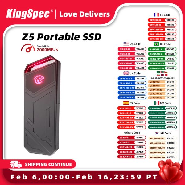 Drives Kingspec NVME Внешний SSD 512GB 500 ГБ 1 ТБ 2 ТБ жесткий диск 20 Гбит / с типа C USB 3,2 RGB Portable HD Solid Dyk для ноутбука ПК