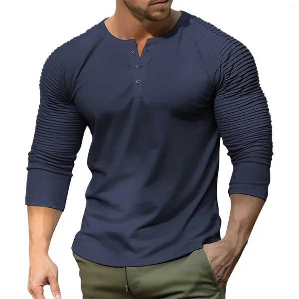 Herren T-Shirts Feste Farbe Schlanker fit runder Hals Langarmes T-Shirt mit plissierten Raglanärmel Top Women Modebluse-Hemd für Y2K