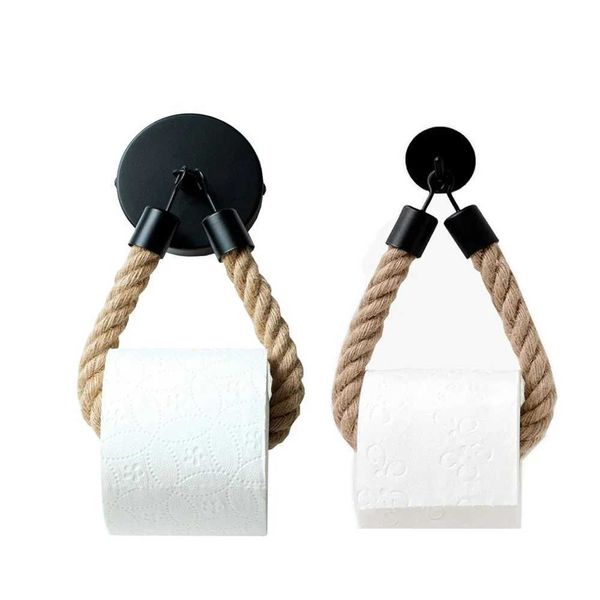 Toilettenpapierhalter Retro -Toilettengewebe -Brötchen Matte schwarze Vintage -Stahl -Papiertuch Ring für Haushaltsablagerungen Wandkleher Aufkleber Jute Seil 240410