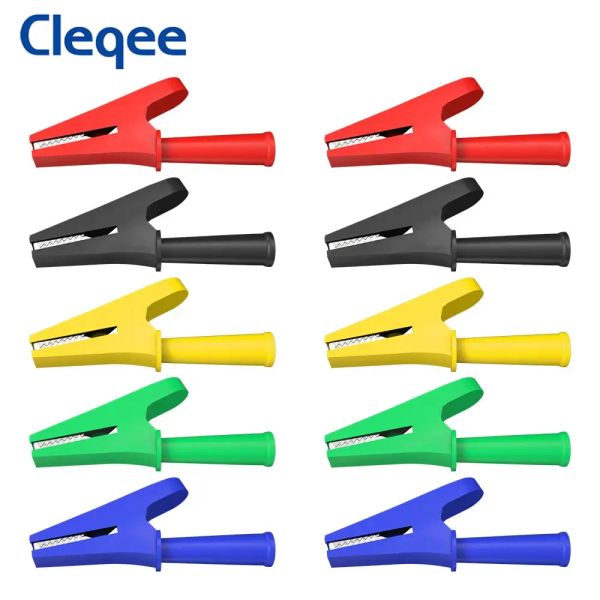 Cleqee 10pcs 20a clipe de jacaré totalmente isolado com grampos de crocodilo de segurança de jack de 4 mm para plugue de banana ou soldagem P2002.10L