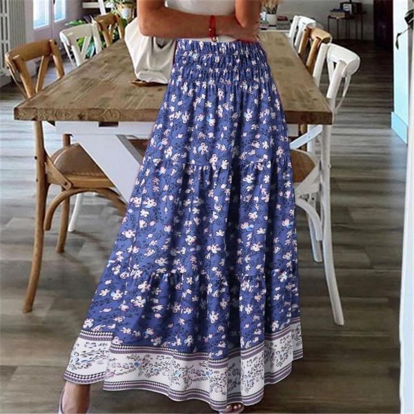 Röcke Frauen Mode Plus Size hohe Taille plissierte Bohemian Sommer Vintage Elastic Boho Langrock Blumendruck Falt