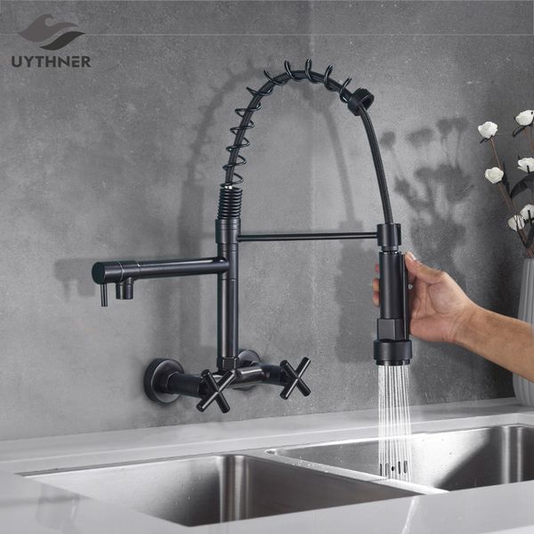 Schwarzer Küchenarmatur heißer kaltes Wasser Wasserhähne Wandmontaged Leckenspüle Mischmischer Tap Feder Dual Drehspouts Waschbecken Mixer Kran