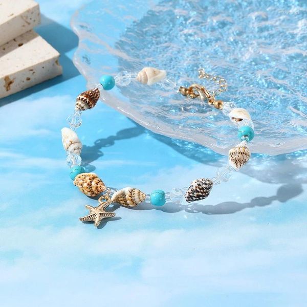 Tornozeleiras Boho Summer Beach for Women Starfish Conch Shell contas de barras na pulseira de tornozelo de perna Acessórios para joias de pés descalços