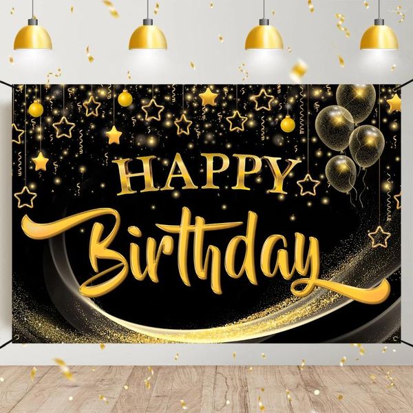 Partydekoration Alles Gute zum Geburtstag Kulisse Banner PO Booth 100x150 cm Schwarz Gold Hintergrund für Männer Frauen