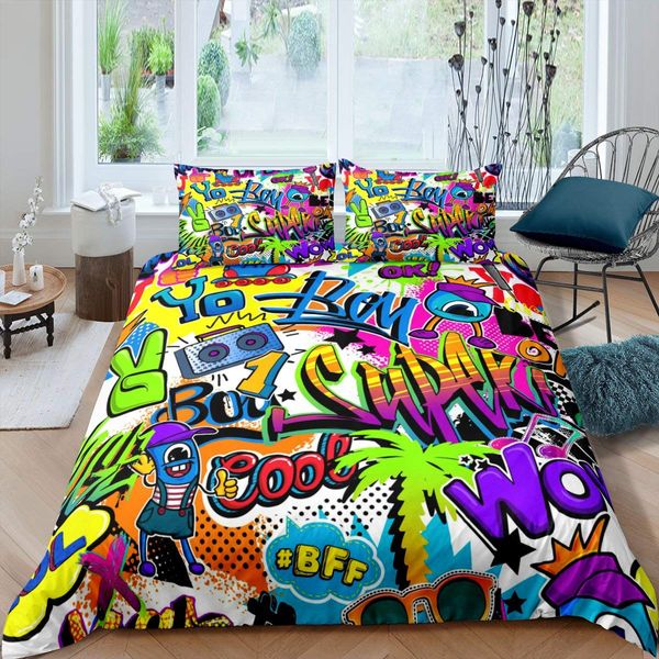 Graffiti Duvet Cover Set für Teenager Jungen Hip Hop Art Tröster Cover -Set Rockmusik Sport Bettwäsche Set Quilt Cover Set Queen Size